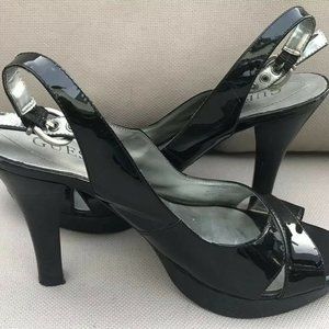 GUESS Black Patent Leather Peep Toe Slingback Pump